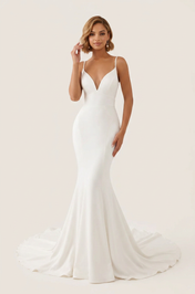 Elegant Spaghetti Strap White Crepe Mermaid Wedding Dress with Open Back and Sweep Train