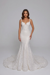 Elegant Scoop Neck White Sequin Mermaid Wedding Dresses with Corset and Chapel Train