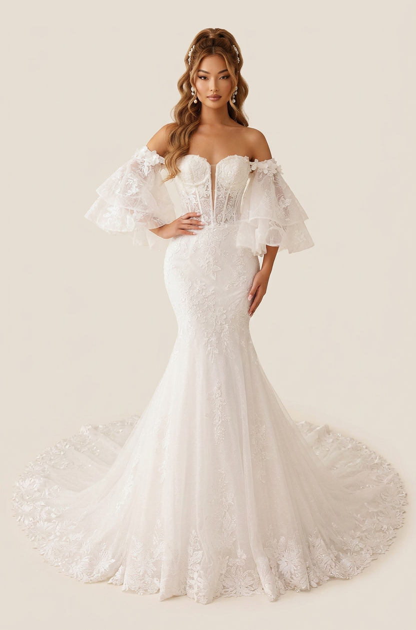 Elegant Off-the-Shoulder White Lace Mermaid Wedding Dresses with Corset and Sweep Train