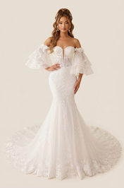 Elegant Off-the-Shoulder White Lace Mermaid Wedding Dresses with Corset and Sweep Train