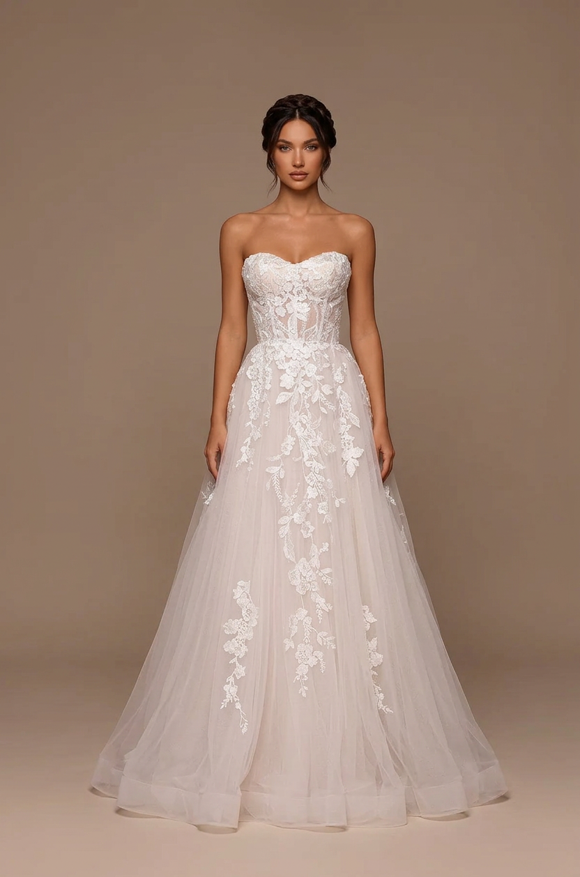 Elegant Strapless White Lace A-Line Wedding Dresses with Corset and Sweep Train