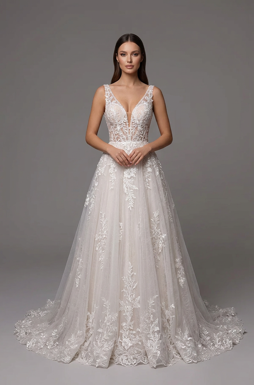 Elegant V-Neck White Lace A-Line Wedding Dresses with Corset and Sweep Train