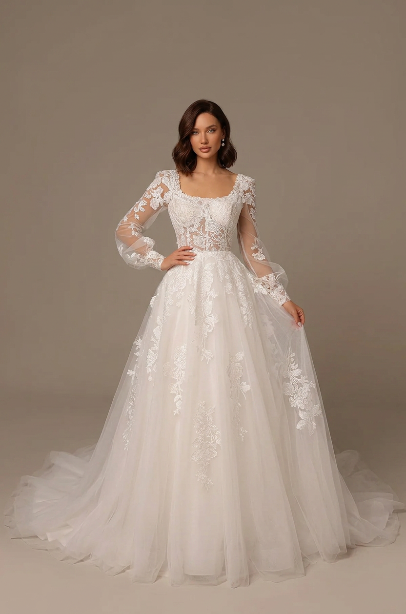 Elegant Long Sleeve White Lace A-Line Wedding Dresses with Corset and Sweep Train