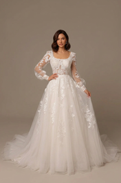 Elegant Long Sleeve White Lace A-Line Wedding Dresses with Corset and Sweep Train