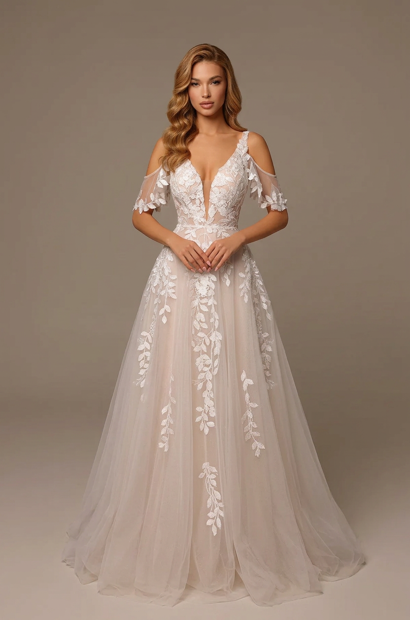 Elegant Cold-Shoulder White Lace A-Line Wedding Dresses with Corset and Sweep Train