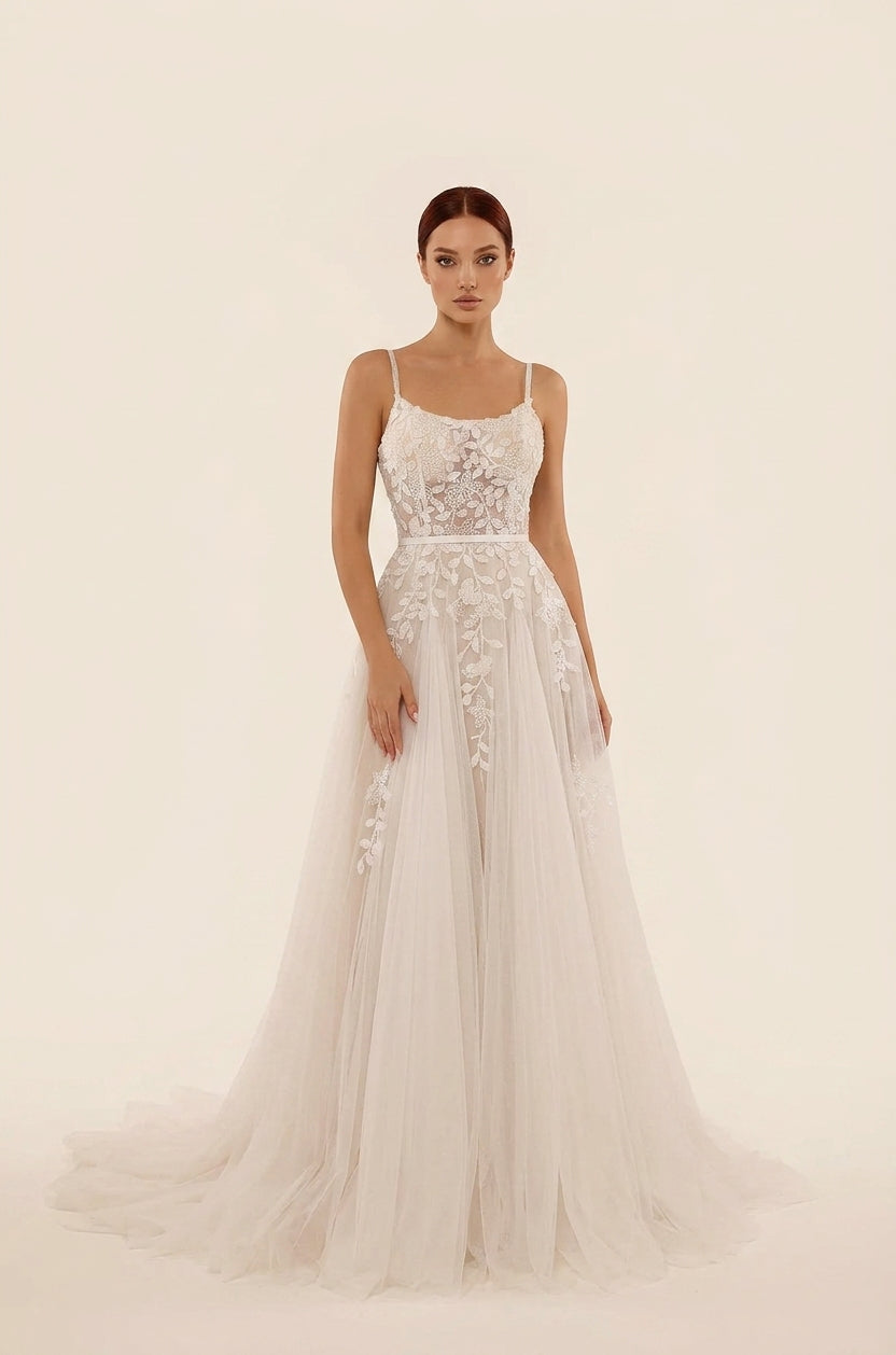 Elegant Off-the-Shoulder White Lace A-Line Wedding Dresses with Corset and Sweep Train