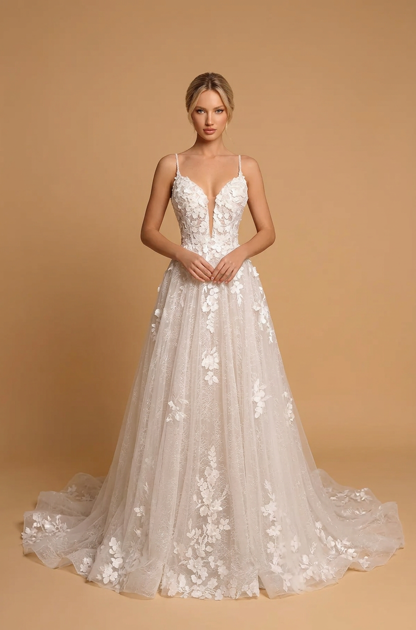 Elegant Spaghetti Strap White Lace A-Line Wedding Dresses with Corset and Sweep Train