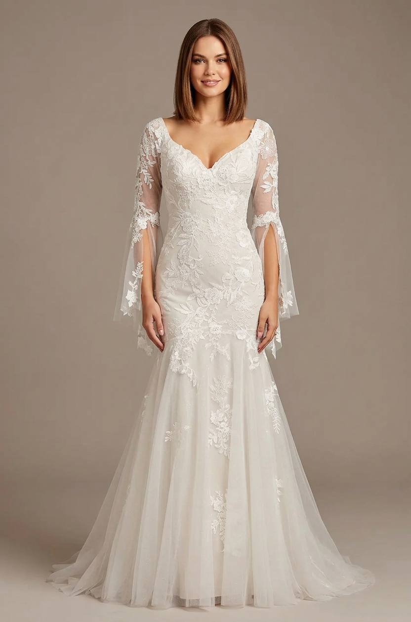 Elegant Bell Sleeve White Lace Trumpet Wedding Dresses with Sweep Train