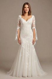Elegant Bell Sleeve White Lace Trumpet Wedding Dresses with Sweep Train
