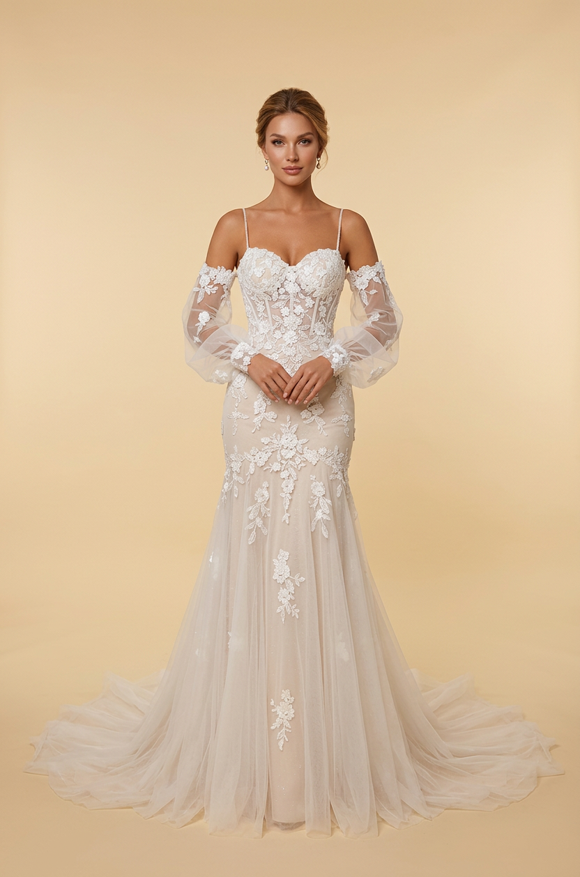 Elegant Off-the-Shoulder White Lace Trumpet Wedding Dresses with Corset and Sweep Train