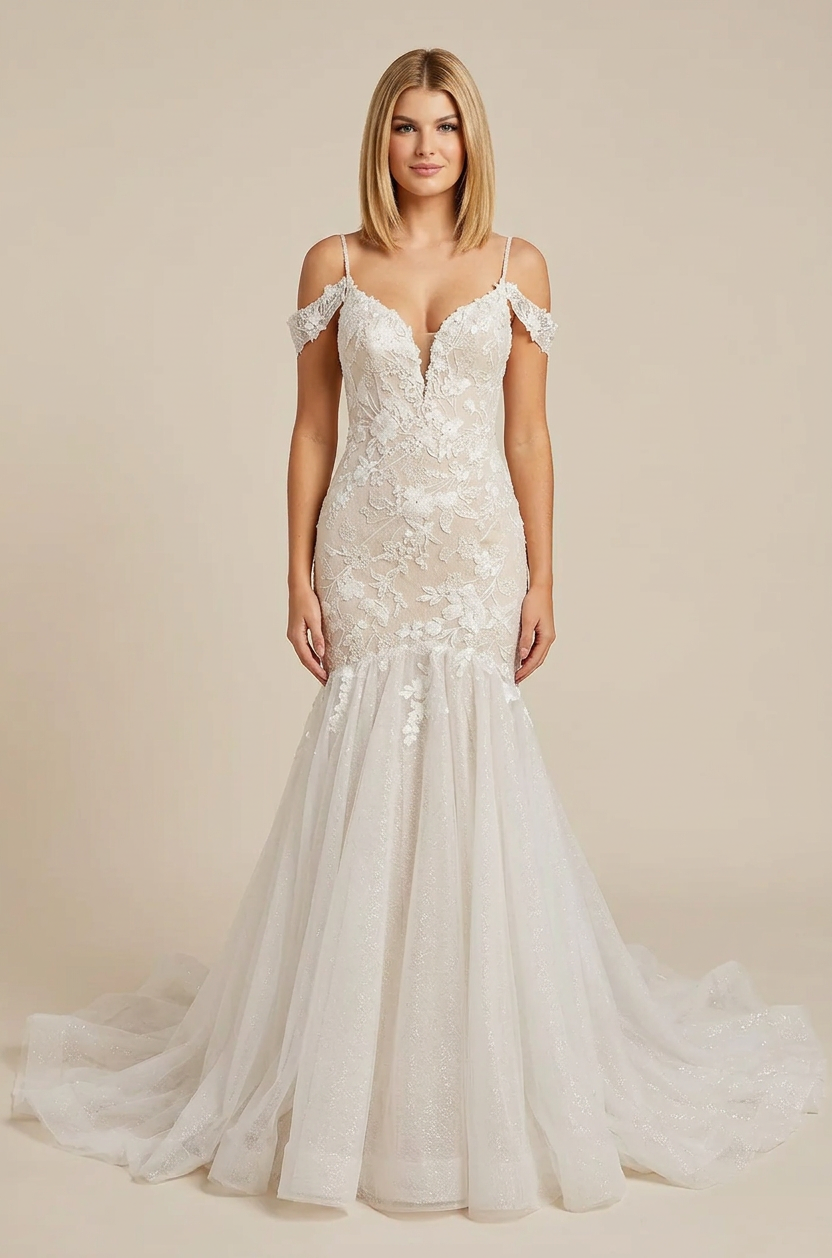 Elegant Off-the-Shoulder White Lace Trumpet Wedding Dresses with Spaghetti Straps and Sweep Train