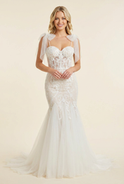 Elegant Bow Strap White Lace Trumpet Wedding Dresses with Corset and Sweep Train
