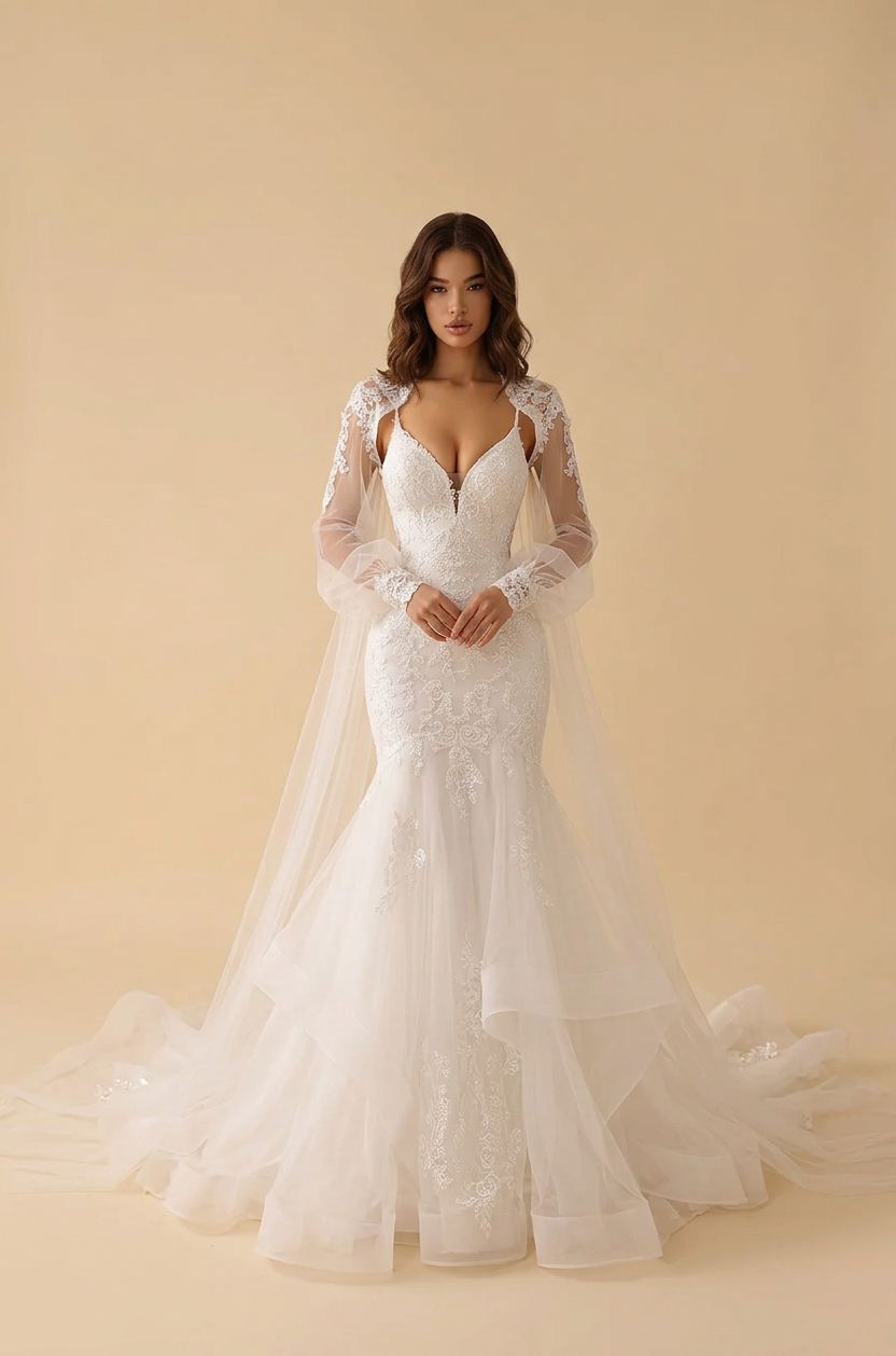 Elegant Long Sleeve White Lace Trumpet Wedding Dresses with Bolero and Chapel Train