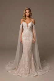 Elegant Off-the-Shoulder White Lace Trumpet Wedding Dresses with Corset and Cape Sleeves
