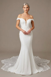 Elegant Off-the-Shoulder White Lace Trumpet Wedding Dresses with Corset and Sweep Train