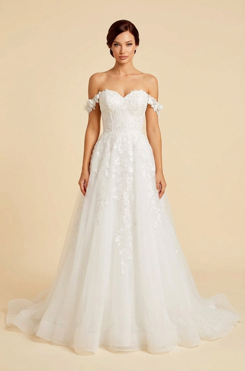 Elegant Off-the-Shoulder White Lace A-Line Wedding Dresses with Corset and Sweep Train