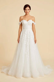 Elegant Off-the-Shoulder White Lace A-Line Wedding Dresses with Corset and Sweep Train
