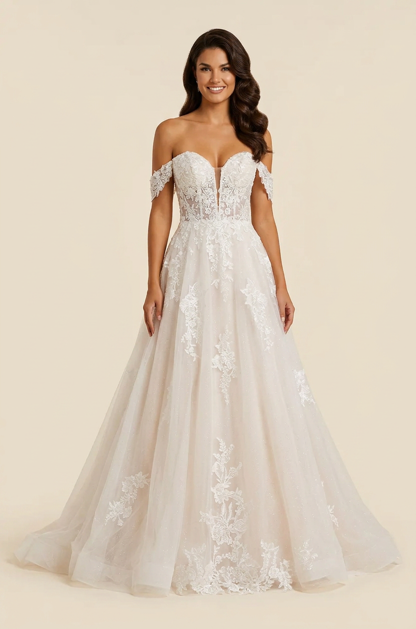 Elegant Off-the-Shoulder White Lace A-Line Wedding Dresses with Corset and Sweep Train
