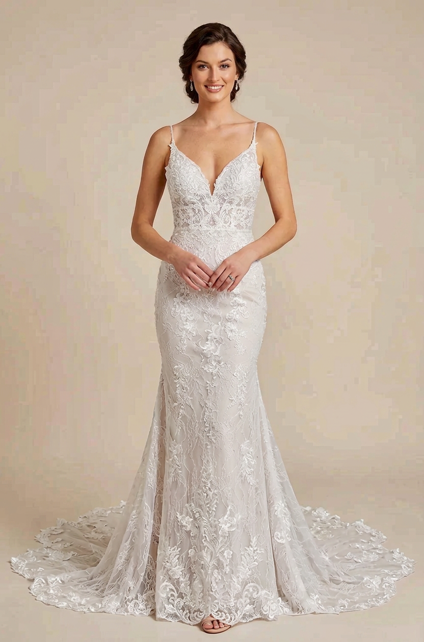 Elegant Spaghetti Strap White Lace Trumpet Wedding Dresses with V-Neck and Chapel Train