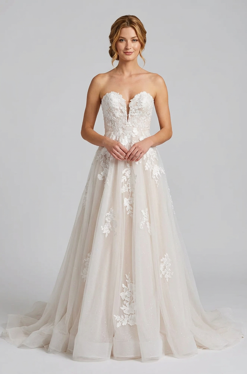 Elegant Strapless White Lace A-Line Wedding Dresses with Corset and Sweep Train