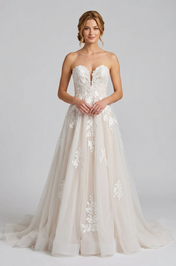 Elegant Strapless White Lace A-Line Wedding Dresses with Corset and Sweep Train