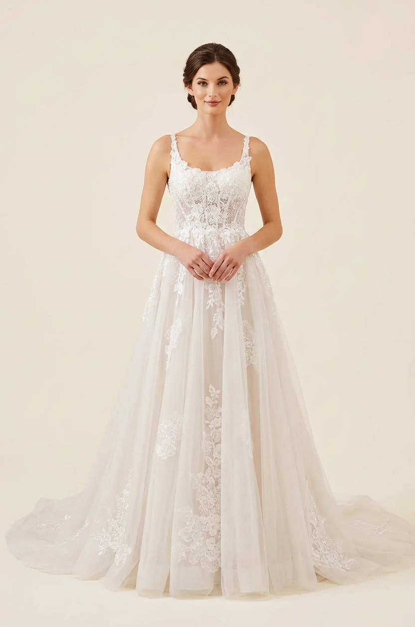 Elegant Scoop Neck White Lace A-Line Wedding Dresses with Corset and Sweep Train