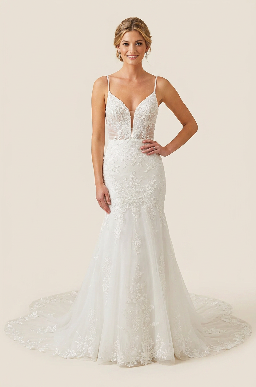 Elegant Spaghetti Strap White Lace Trumpet Wedding Dresses with V-Neck and Sweep Train