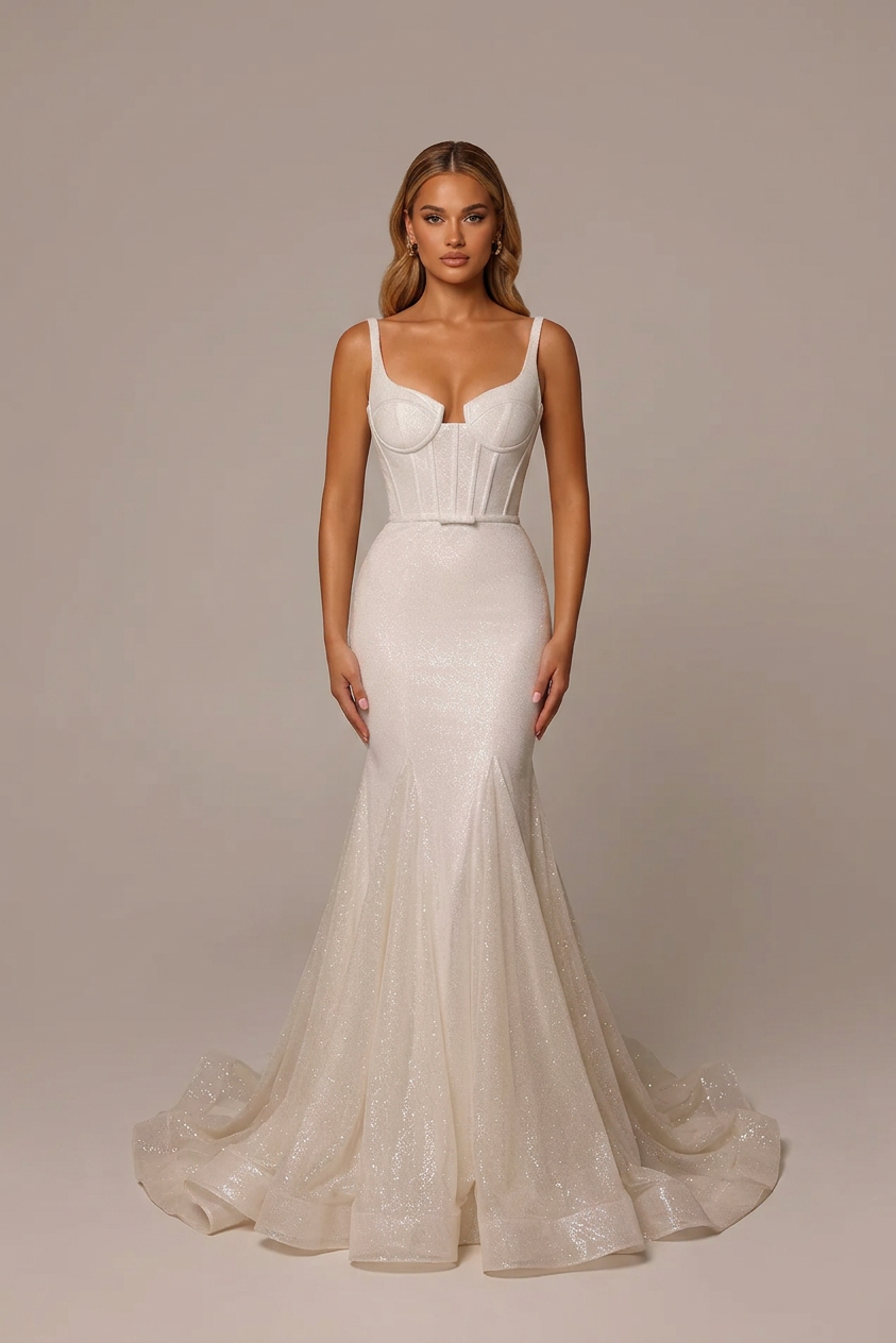 Elegant Square Neck White Glitter Mermaid Wedding Dresses with Corset and Sweep Train