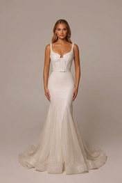 Elegant Square Neck White Glitter Mermaid Wedding Dresses with Corset and Sweep Train