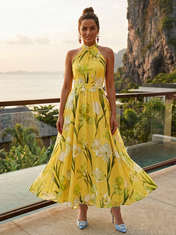 Yellow Floral Chiffon High Halter Neck Sleeveless A-Line Floor-Length Gown Dress