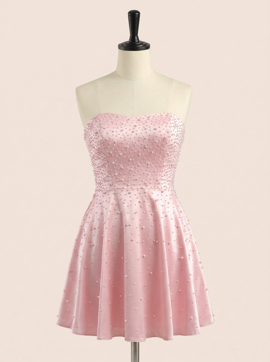 Strapless Pearl Beaded Satin Mini Homecoming Dress with Pockets