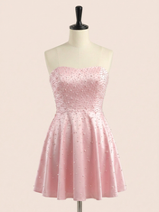 Blush Pink Strapless Pearl Beaded Lace-Up Short Homecoming Dress