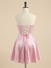 Strapless Pearl Beaded Satin Mini Homecoming Dress with Pockets