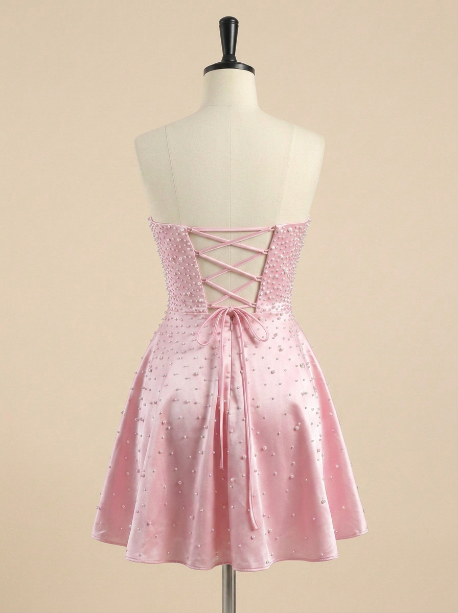 Blush Pink Strapless Pearl Beaded Lace-Up Short Homecoming Dress