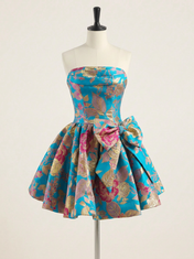 Strapless Floral Gold Jacquard A-Line Short Dress with Statement Bow Homecoming Dresses