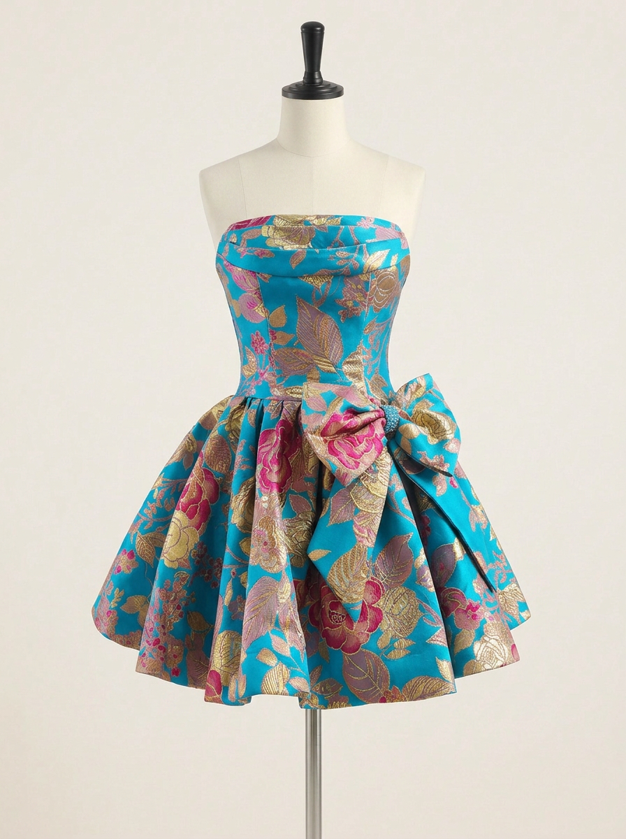 Blue Floral Jacquard Bow Lace-Up A-Line Short Homecoming Dress