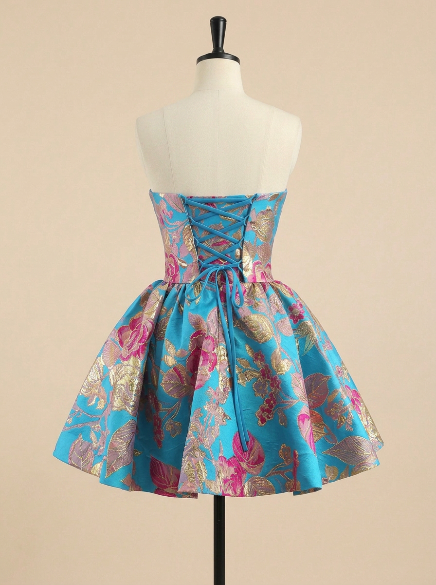 Strapless Floral Gold Jacquard A-Line Short Dress with Statement Bow Homecoming Dresses