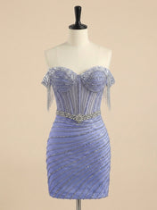 Light Blue Off-The-Shoulder Beaded Crystal Sequin Short Homecoming Dress