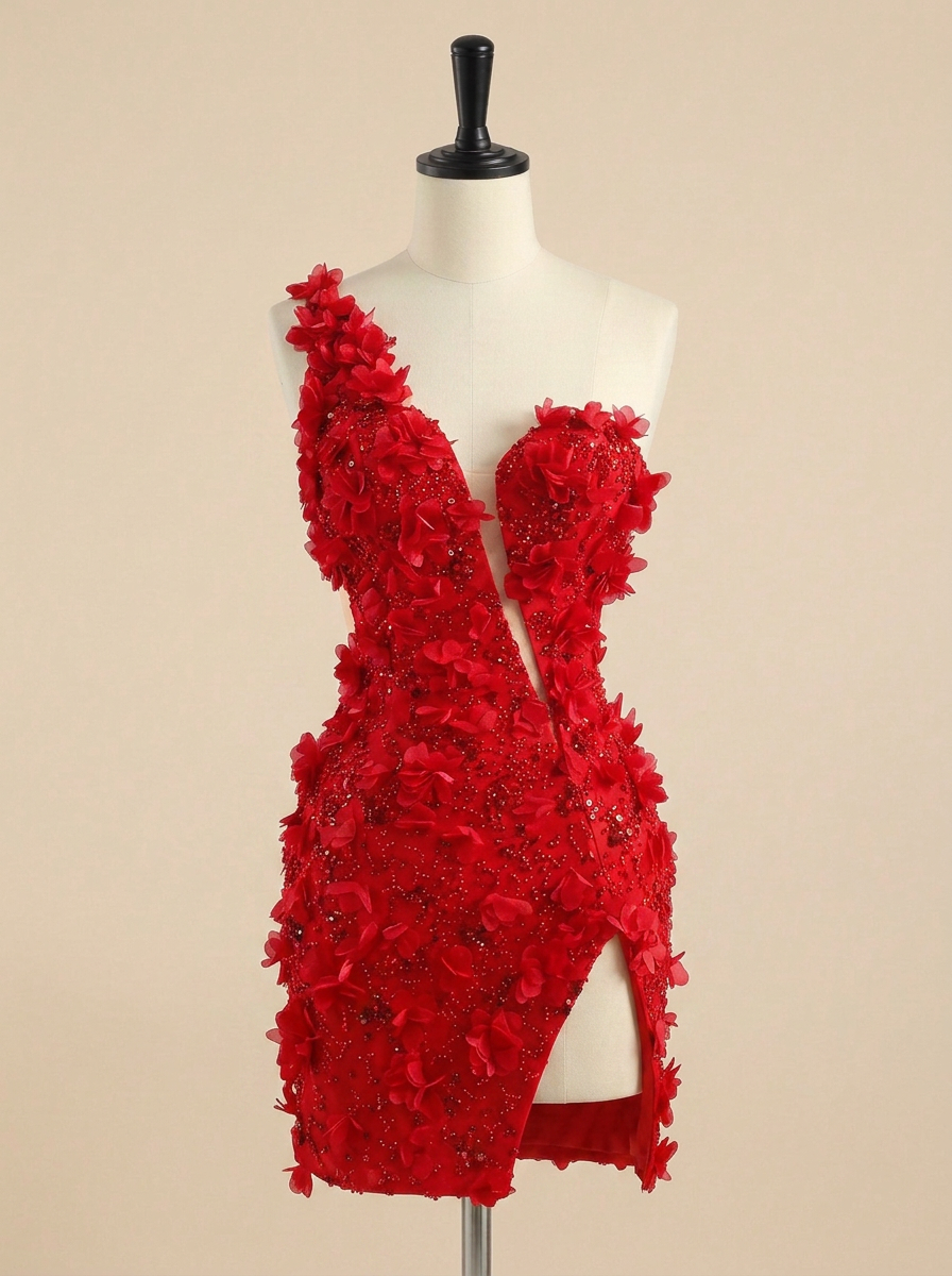 One-Shoulder Sheer Lace Applique Mini Homecoming Dress with Side Slit