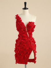 Dark Red 3D Floral Applique One-Shoulder Short Homecoming Dress