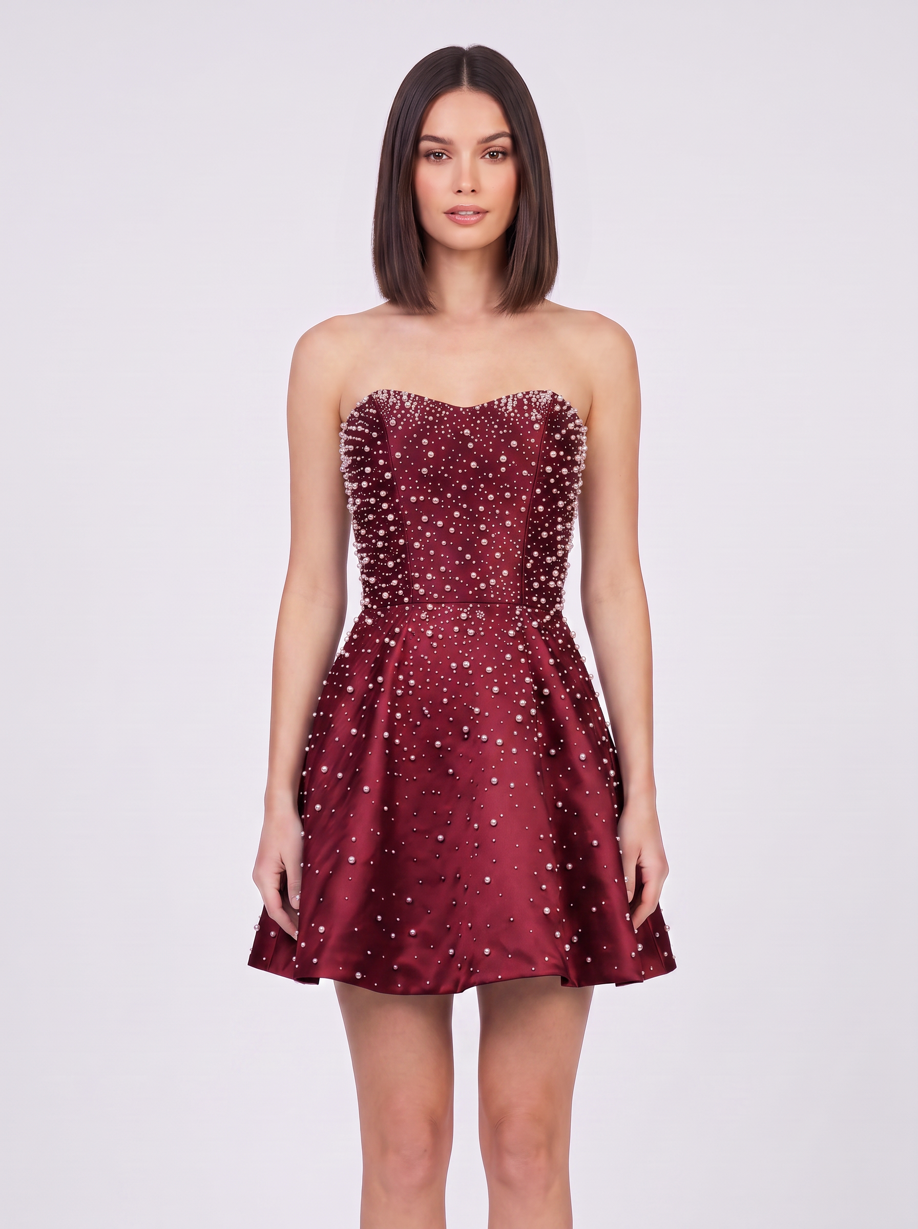 Strapless Sweetheart Pearl Beaded A-Line Mini Homecoming Dresses with Lace-Up Back