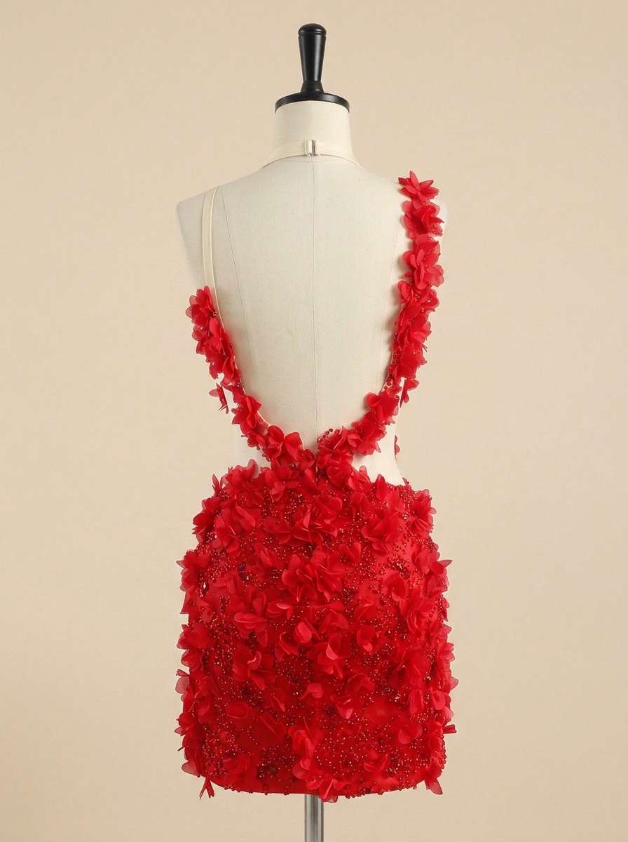 Dark Red 3D Floral Applique One-Shoulder Short Homecoming Dress