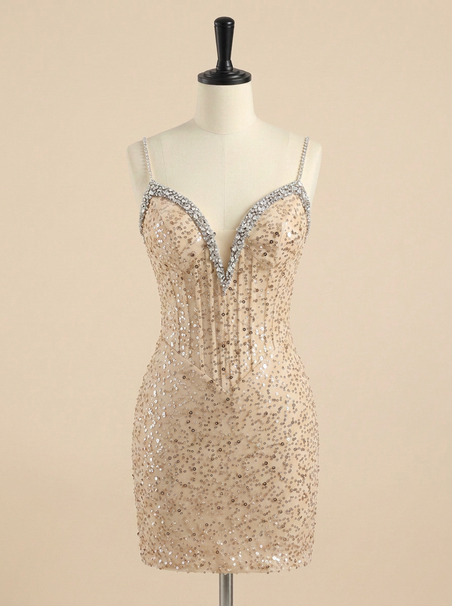 Gold Sequin Beaded Lace-Up Short Homecoming Dress