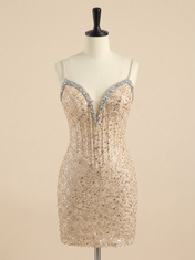 Gold Sequin Beaded Lace-Up Short Homecoming Dress
