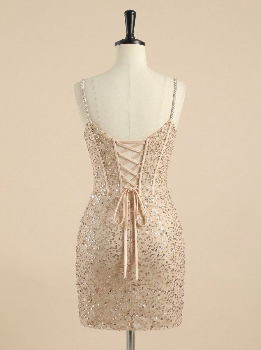 Gold Sequin Beaded Lace-Up Short Homecoming Dress
