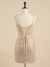 Gold Sequin Beaded Lace-Up Short Homecoming Dress