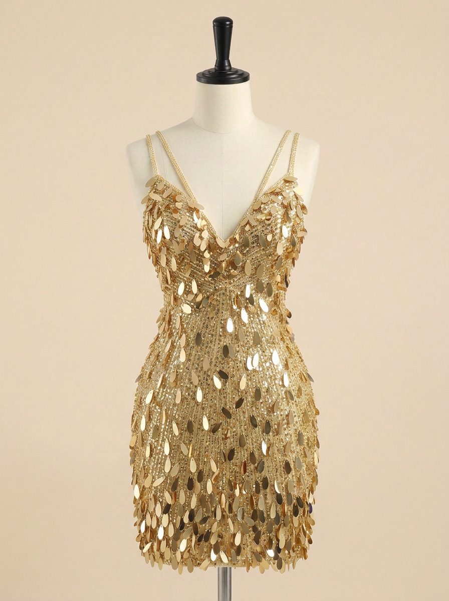 Gold Sequin Drop Spaghetti Strap Short Homecoming Dress