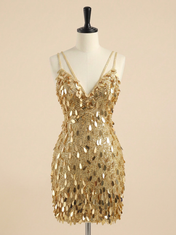 Gold Sequin Drop Spaghetti Strap Short Homecoming Dress