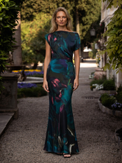 Dark Teal and Magenta Abstract Floral Chiffon Boat Neck Sheath Floor-Length Gown Dress