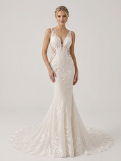 Ivory Lace Illusion V-Neck Trumpet Wedding Dress with Cut-Out Side Panels and Chapel Train